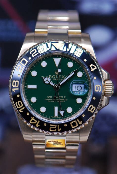 rolex gold gmt 2 green dial|rolex oyster perpetual green gold.